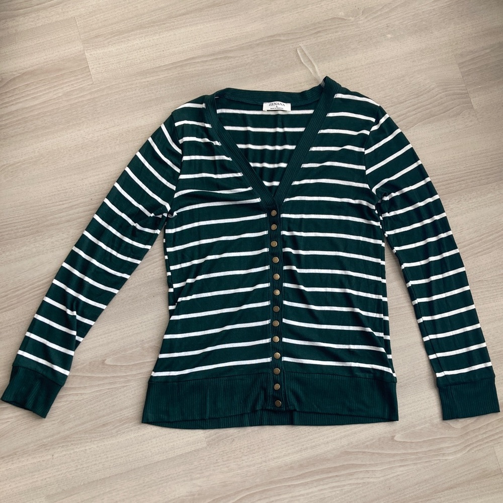 Zenana L Cardigan Forest Green and White Stripes